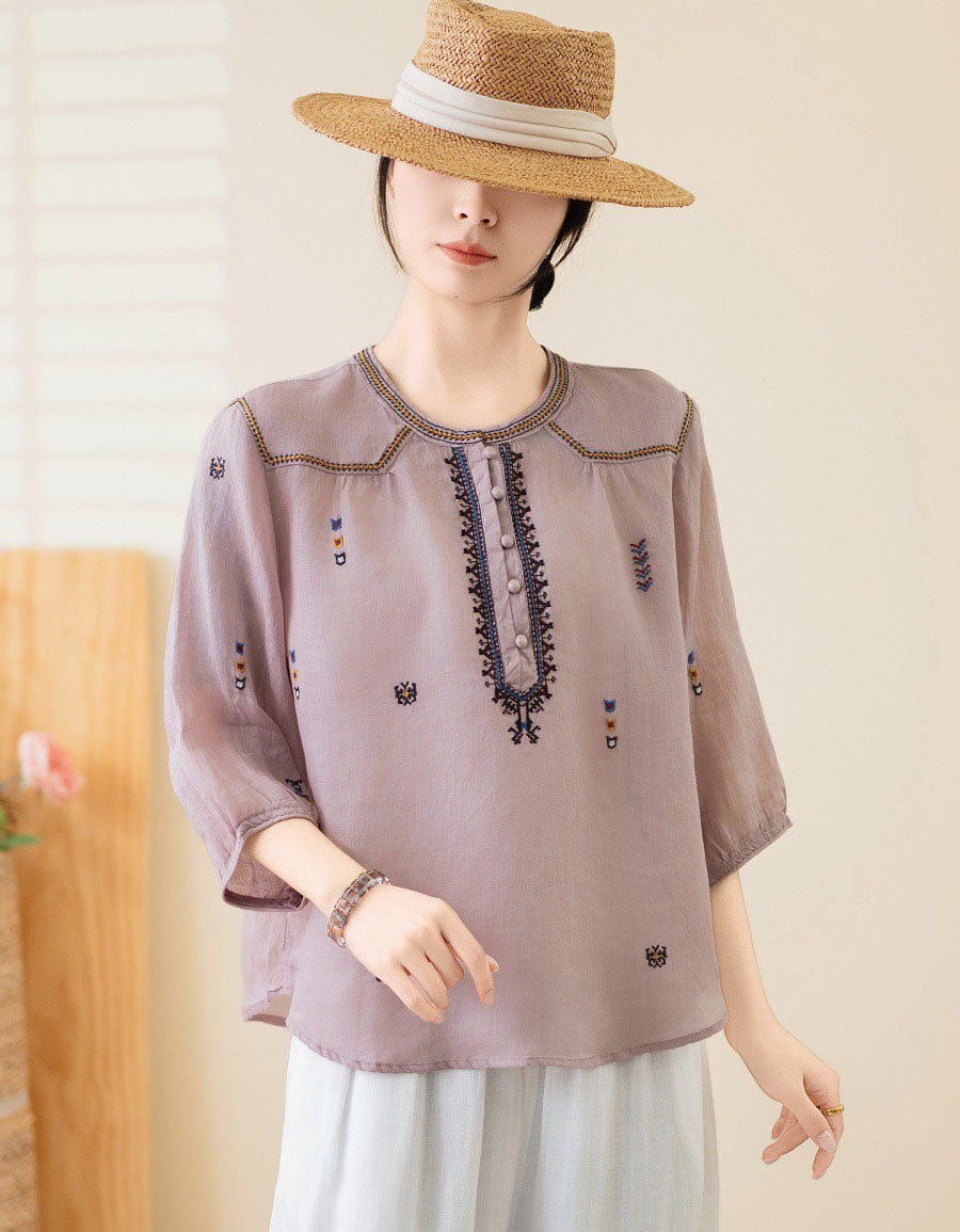 3/4 sleeve embroidered blouse vintage minimalist style