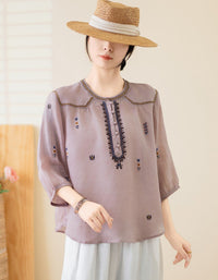 3/4 sleeve embroidered blouse vintage minimalist style