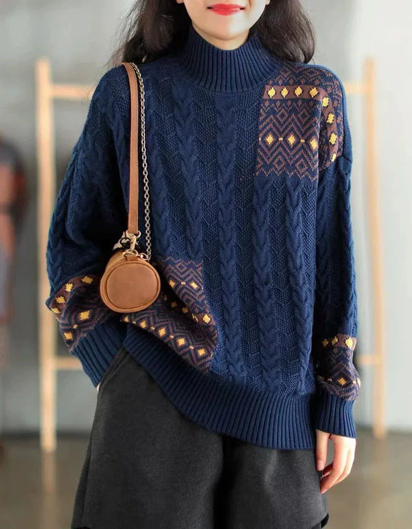 Vintage Ethnic Mock Neck Loose Knit Sweater - Islinen
