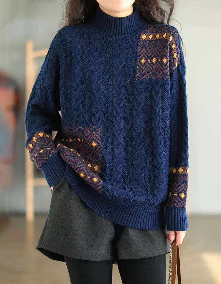 Vintage Ethnic Mock Neck Loose Knit Sweater - Islinen