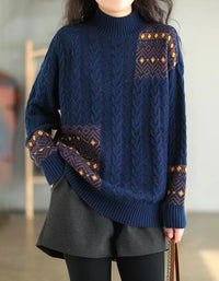 Vintage Ethnic Mock Neck Loose Knit Sweater - Islinen