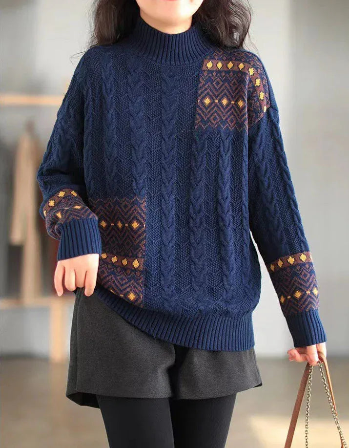 Vintage Ethnic Mock Neck Loose Knit Sweater - Islinen