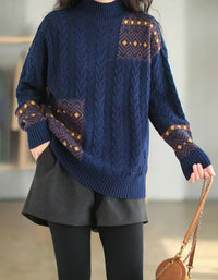 Vintage Ethnic Mock Neck Loose Knit Sweater - Islinen