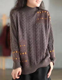 Vintage Ethnic Mock Neck Loose Knit Sweater - Islinen