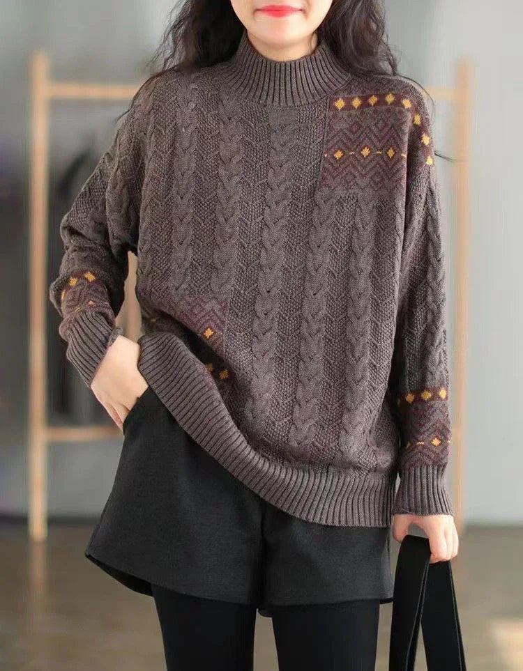 Vintage Ethnic Mock Neck Loose Knit Sweater - Islinen
