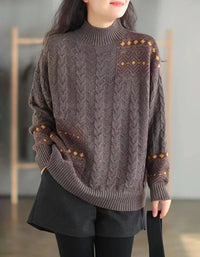 Vintage Ethnic Mock Neck Loose Knit Sweater - Islinen