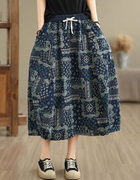 Boho Printed Midi Skirt Women Elastic Waist Casual