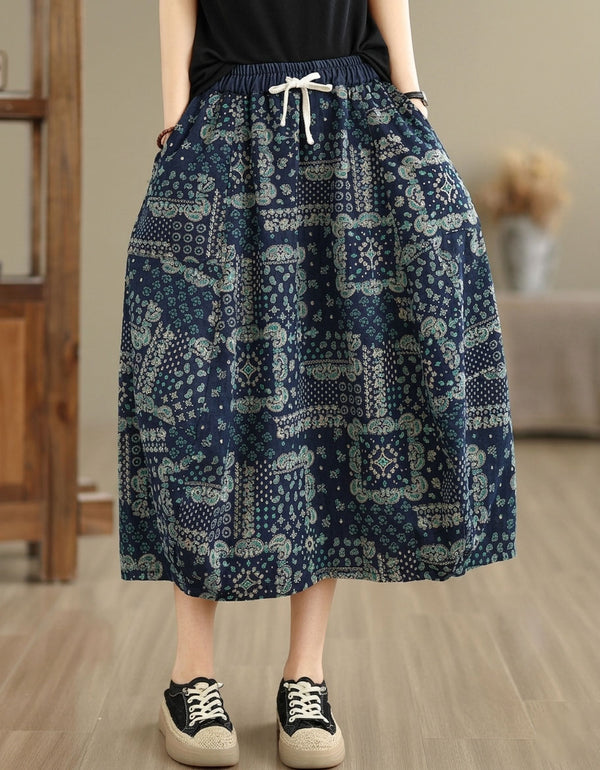 Boho Printed Midi Skirt Women Elastic Waist Casual