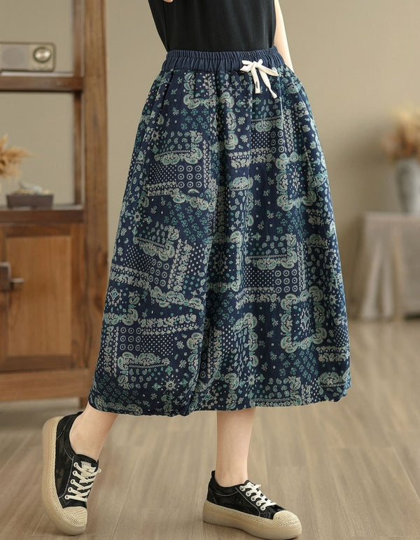 Women Vintage Boho Print Skirt Loose Elastic Waist