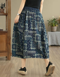 Casual Boho Print Midi Skirt Women Drawstring Waist