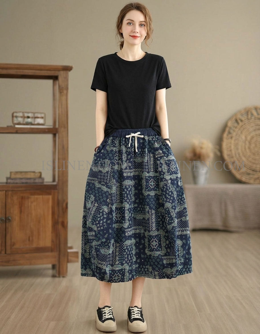Women Loose Fit Boho Printed Skirt Elastic Waist Midi