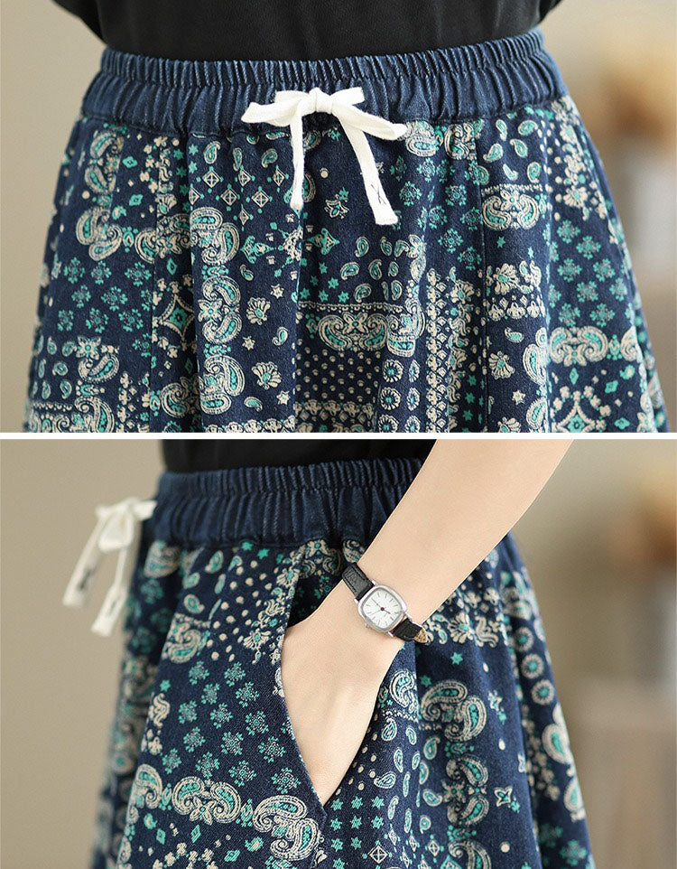 bohemian printed skirt drawstring waist midi length