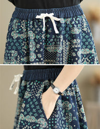 bohemian printed skirt drawstring waist midi length