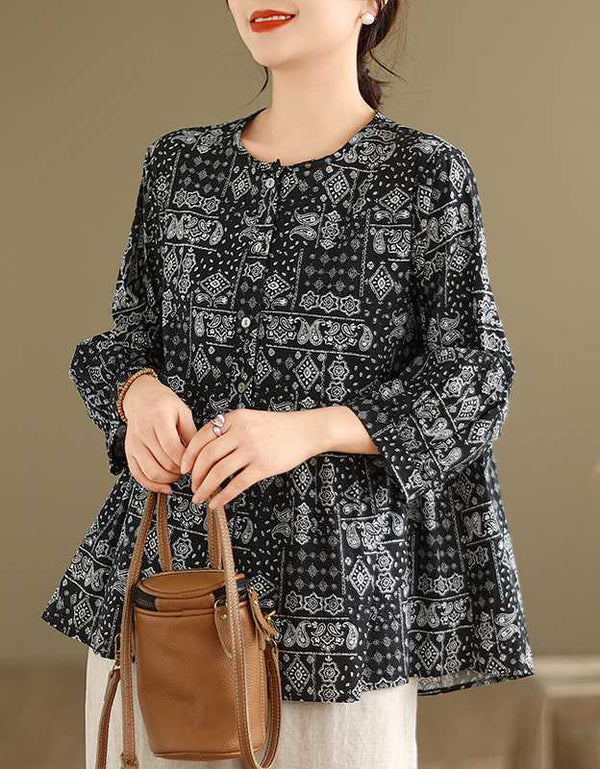 Vintage Ethnic Patterned Cotton Linen Shirt