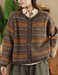 Vintage Ethnic Patterned Knit Cardigan Sweater for Women - Islinen