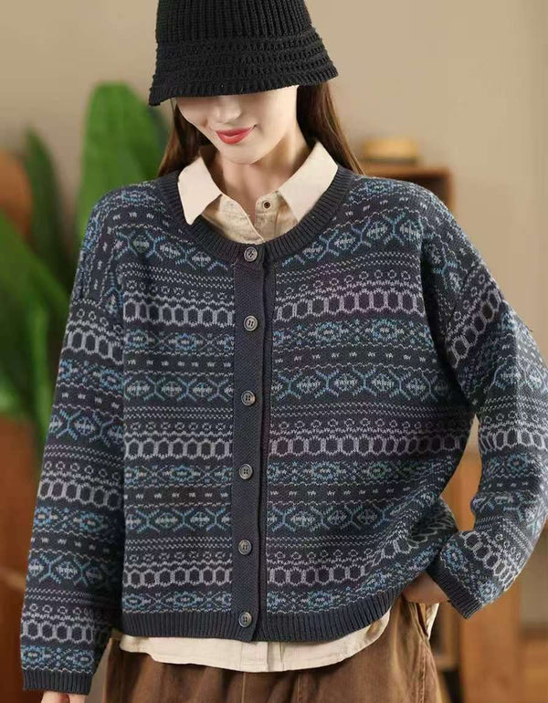Vintage Ethnic Patterned Knit Cardigan Sweater for Women