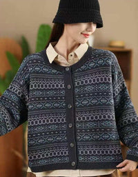 Vintage Ethnic Patterned Knit Cardigan Sweater for Women - Islinen