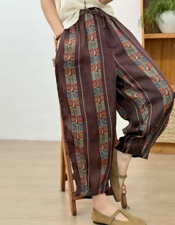 Vintage Ethnic Print Wide Leg Ramie Linen Harem Pants