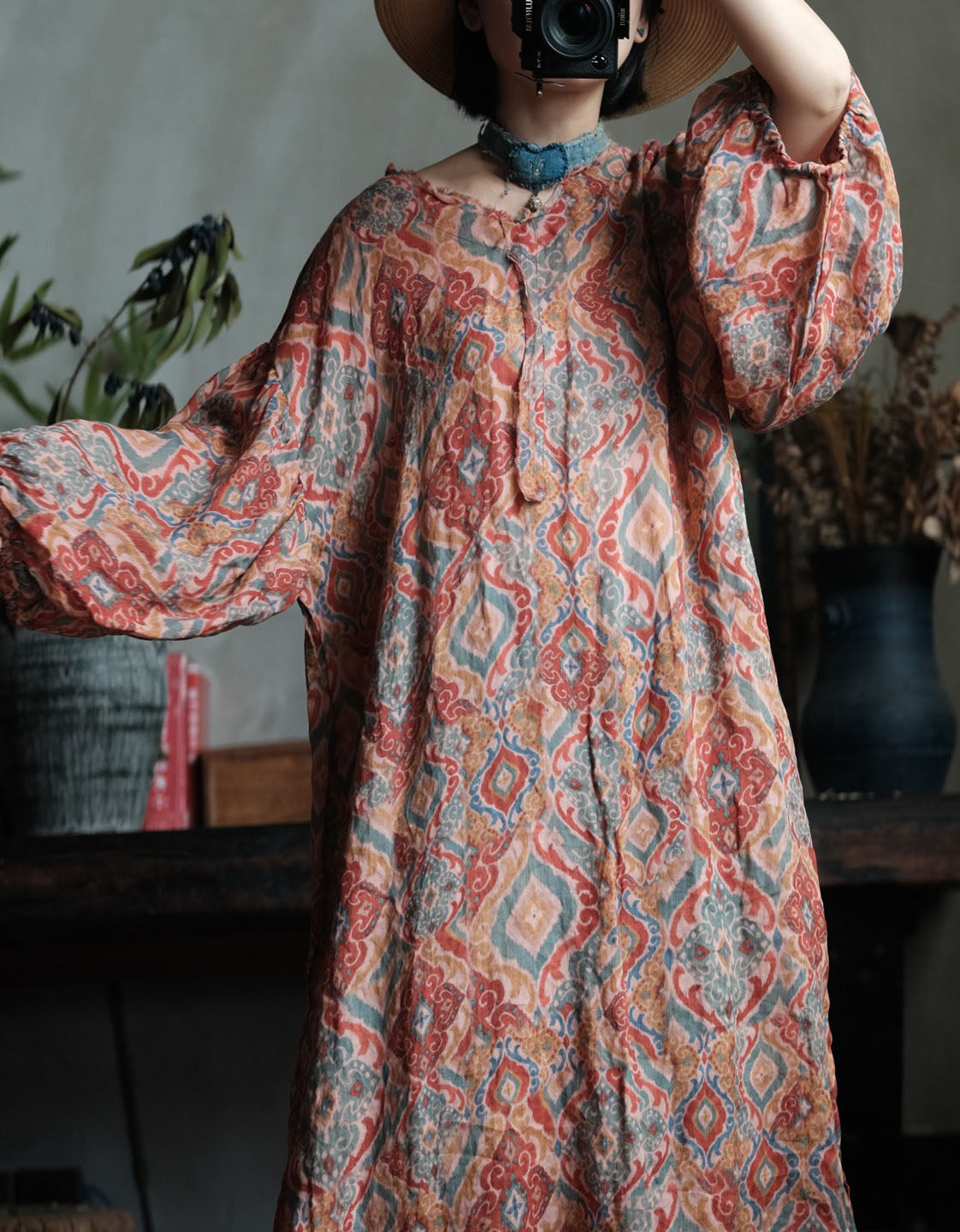 Women Bohemian Pattern Long Sleeve Loose Midi Dress