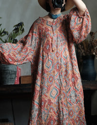 Women Bohemian Pattern Long Sleeve Loose Midi Dress
