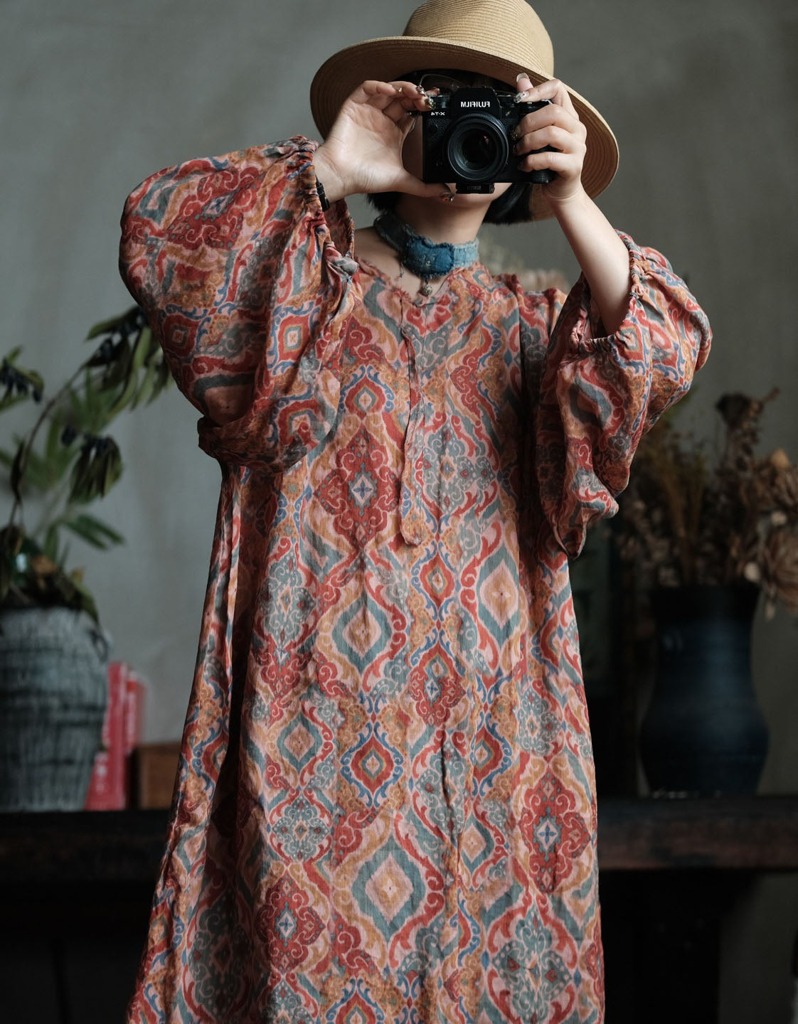 Casual Vintage Print Oversized Long Sleeve Dress
