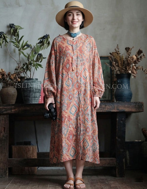 Vintage Geometric Print Relaxed Fit Maxi Dress Women