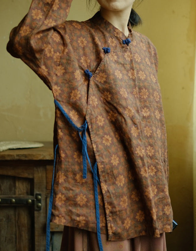 Vintage Ethnic Style Floral Print Linen Top