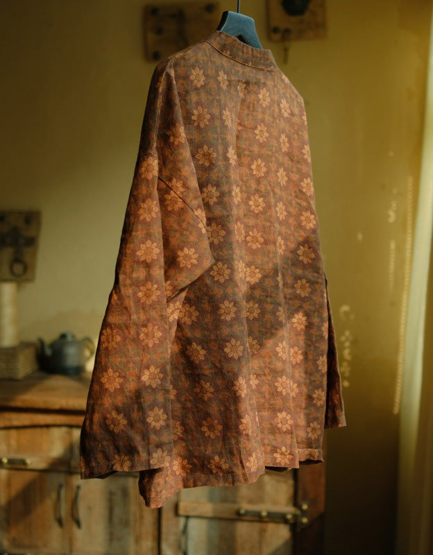 Vintage Ethnic Style Floral Print Linen Top
