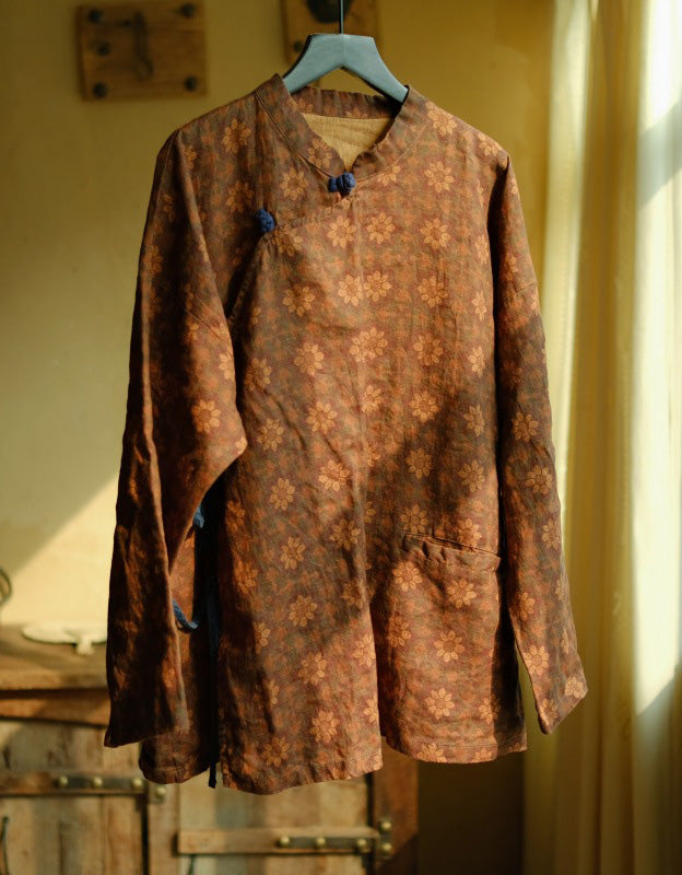 Vintage Ethnic Style Floral Print Linen Top