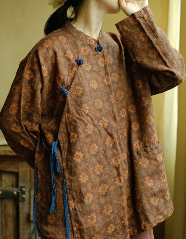 Vintage Ethnic Style Floral Print Linen Top