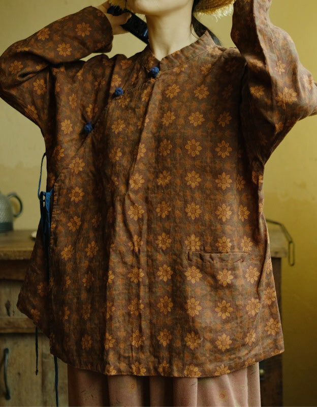 Vintage Ethnic Style Floral Print Linen Top