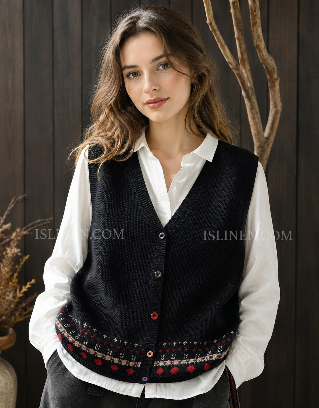Women's Vintage Sweater Vest – Black Knit Button Front Fair Isle Top