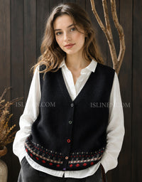 Women's Vintage Sweater Vest – Black Knit Button Front Fair Isle Top