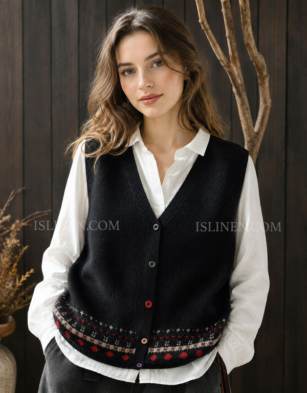Women's Vintage Sweater Vest – Black Knit Button Front Fair Isle Top