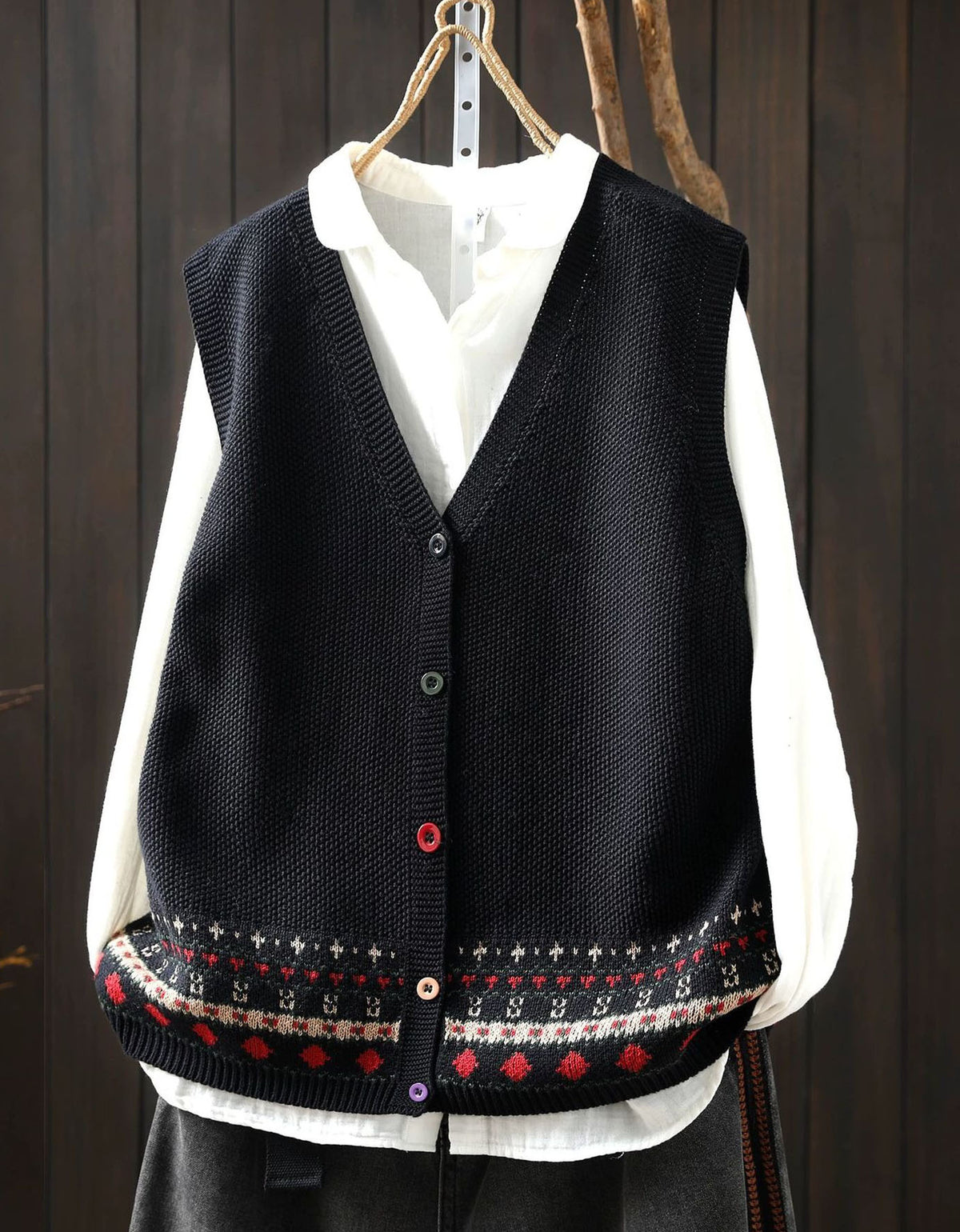 Women's Black Knit Vest – Vintage Button Front Fair Isle Sweater