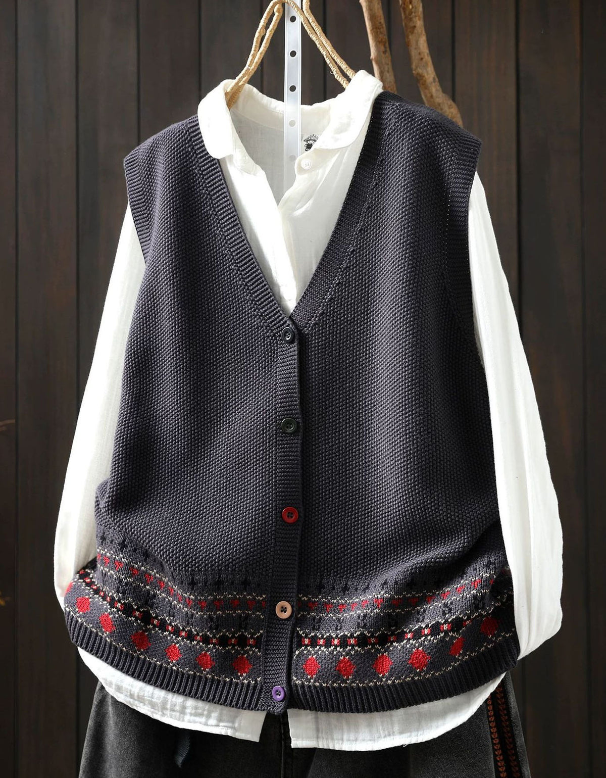 Women's Gray Knit Vest – Vintage Button Front Fair Isle Sweater