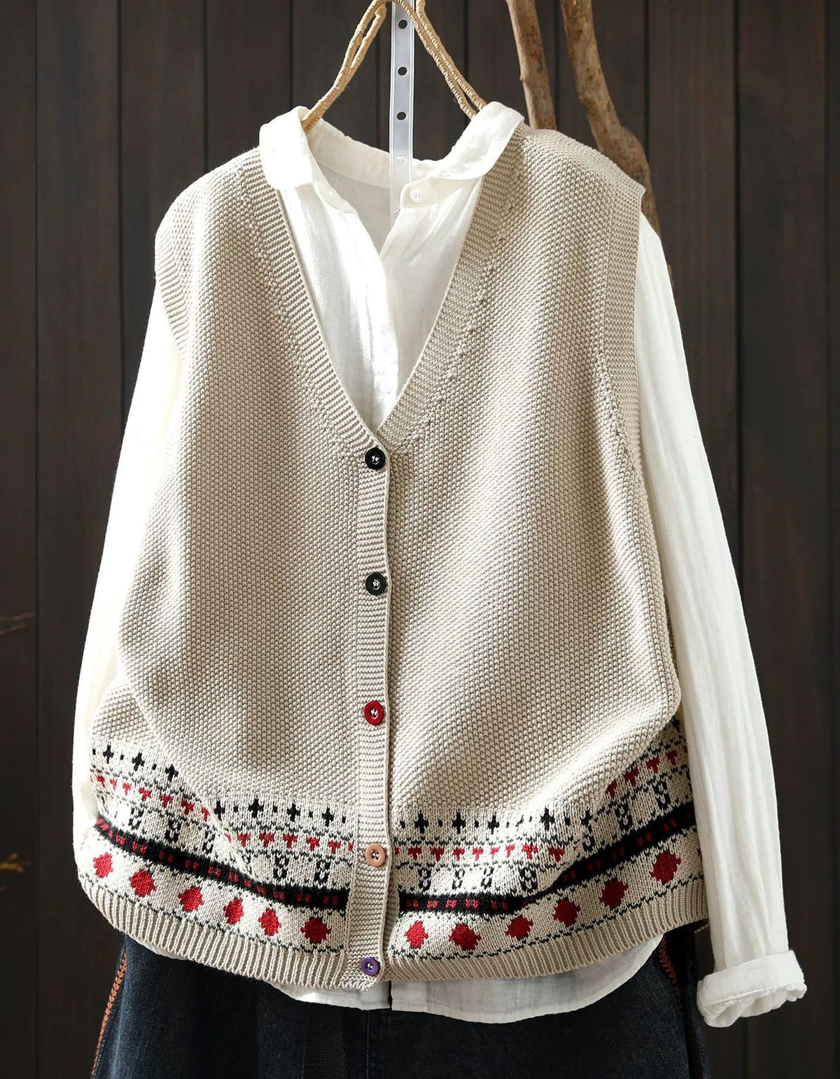 Vintage Fair Isle Sweater Vest for Women – Beige Button Front Knit Top