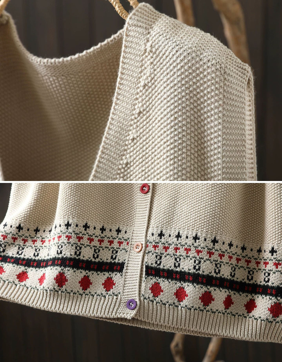 Women's Vintage Beige Sweater Vest – Fair Isle Knit Button Front Top
