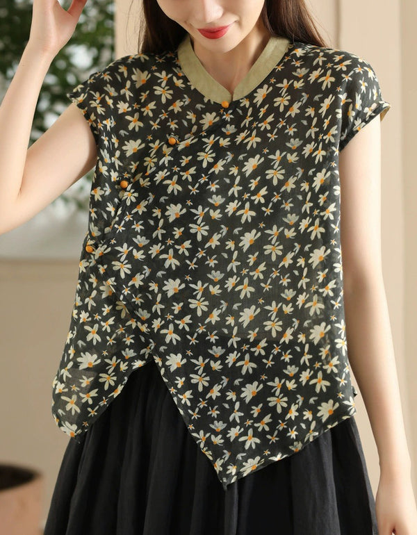 Vintage Floral Asymmetrical Hem Linen Blouse