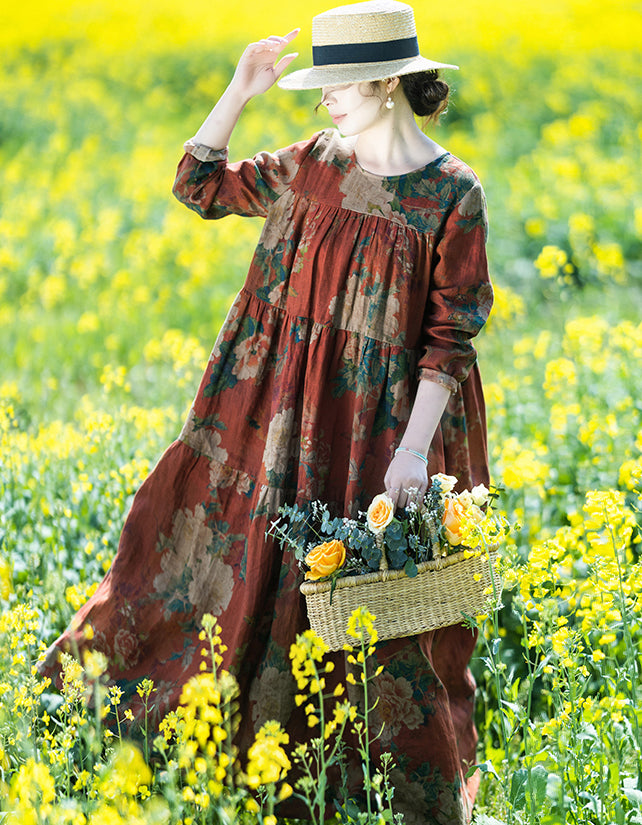 Vintage Floral Bohemian Long Sleeve Linen Maxi Dress