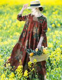 Vintage Floral Bohemian Long Sleeve Linen Maxi Dress