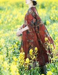 Vintage Floral Bohemian Long Sleeve Linen Maxi Dress