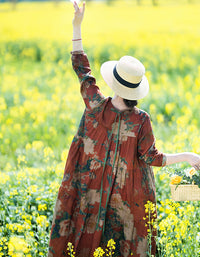 Vintage Floral Bohemian Long Sleeve Linen Maxi Dress