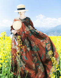 Vintage Floral Bohemian Long Sleeve Linen Maxi Dress