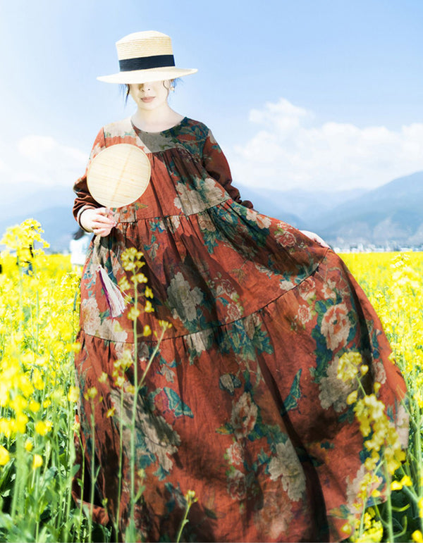 Vintage Floral Bohemian Long Sleeve Linen Maxi Dress