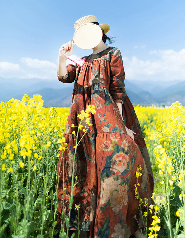 Vintage Floral Bohemian Long Sleeve Linen Maxi Dress