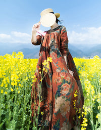 Vintage Floral Bohemian Long Sleeve Linen Maxi Dress