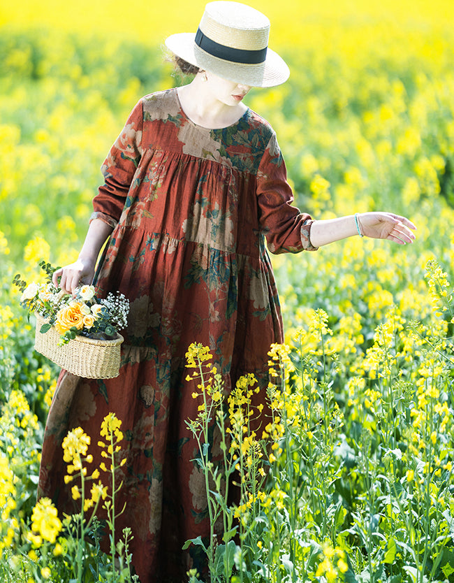 Vintage Floral Bohemian Long Sleeve Linen Maxi Dress