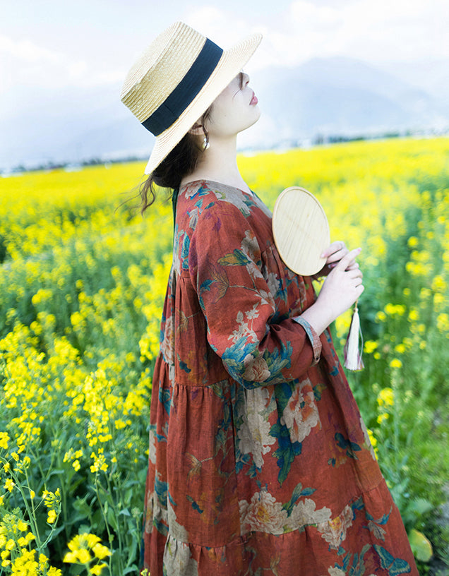 Vintage Floral Bohemian Long Sleeve Linen Maxi Dress