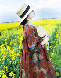 Vintage Floral Bohemian Long Sleeve Linen Maxi Dress